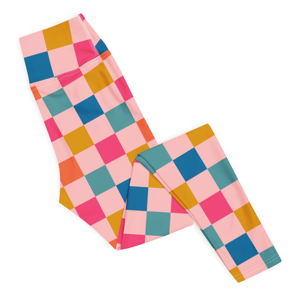 Women's Colorful Pink Checkered Buttery Soft Yoga Leggings - Quick Drying, High Waisted Comfort