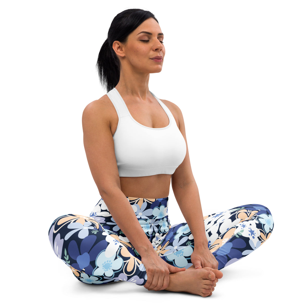Women's Navy Blue Flowers Buttery Soft Yoga Leggings - Quick Drying, High Waisted Comfort