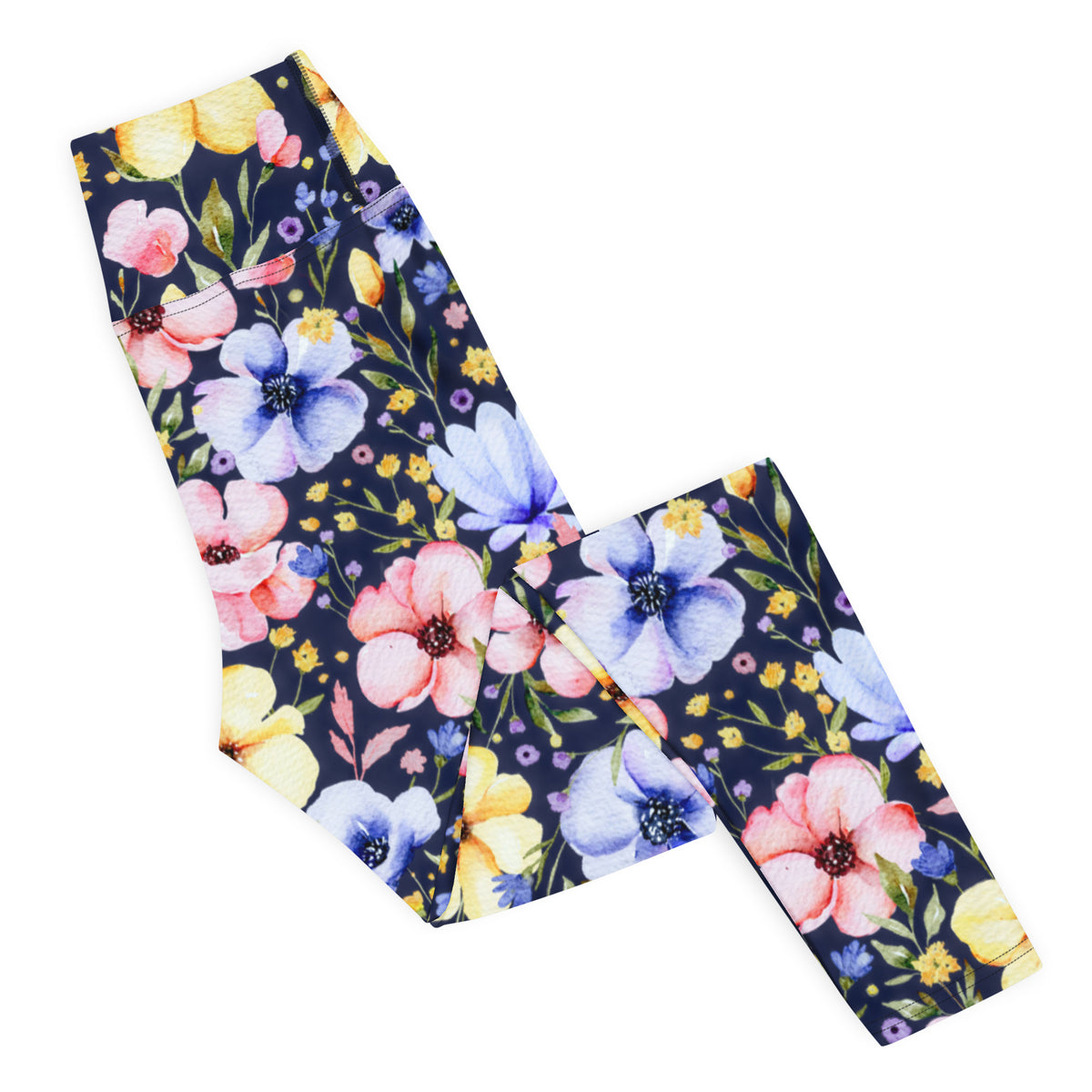 Women's Navy Watercolor Floral Buttery Soft Yoga Leggings - Quick Drying, High Waisted Comfort