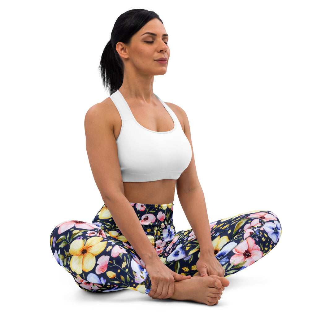 Women's Navy Watercolor Floral Buttery Soft Yoga Leggings - Quick Drying, High Waisted Comfort