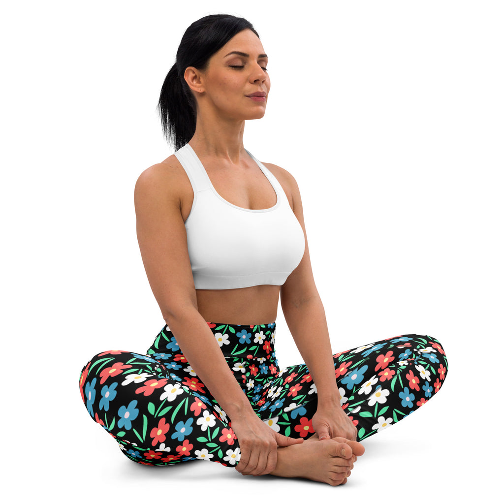 Women's Colorful Black Floral Buttery Soft Yoga Leggings - Quick Drying, High Waisted Comfort