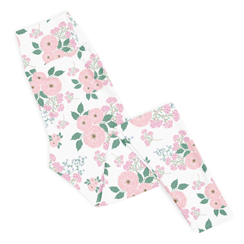 Women's Pink Rose Floral Buttery Soft Yoga Leggings - Quick Drying, High Waisted Comfort