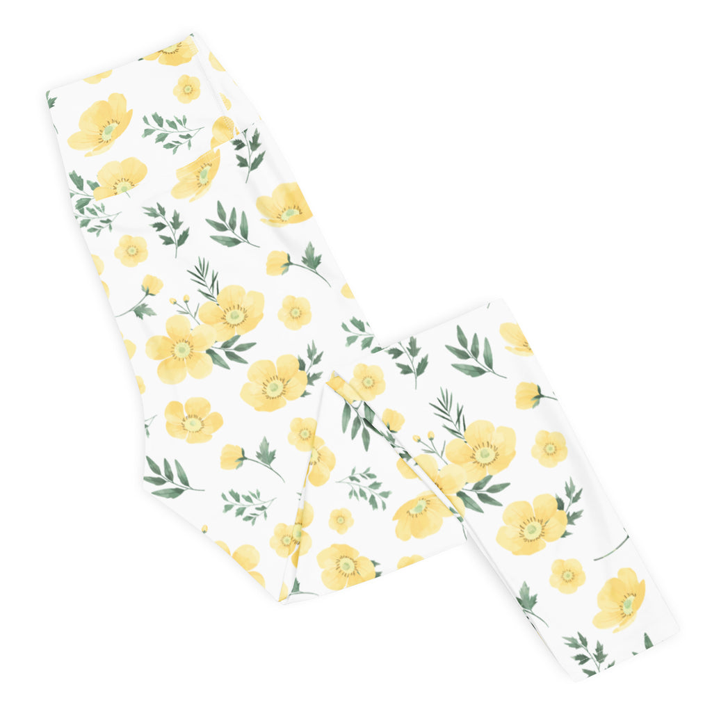 Women's Yellow Wildflower Buttery Soft Yoga Leggings - Quick Drying, High Waisted Comfort