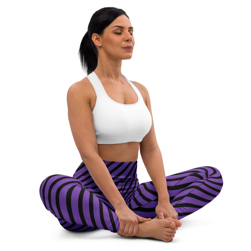Women's Purple Black Striped Halloween Buttery Soft Yoga Leggings - Quick Drying, High Waisted Comfort