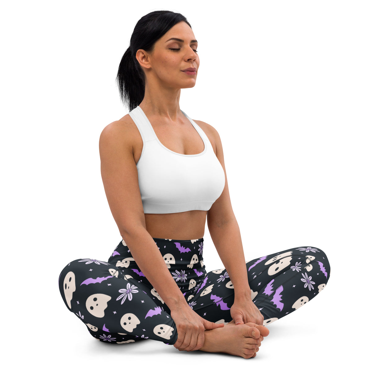Women's Purple Floral Ghost Halloween Buttery Soft Yoga Leggings - Quick Drying, High Waisted Comfort