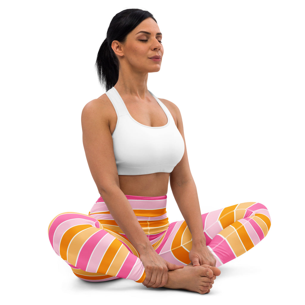 Women's Pink & Orange Candy Corn Striped Halloween Buttery Soft Yoga Leggings - Quick Drying, High Waisted Comfort