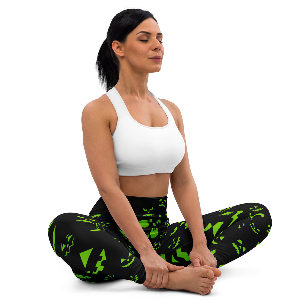 Women's Green Jack-O'-Lantern Faces Halloween Buttery Soft Yoga Leggings - Quick Drying, High Waisted Comfort