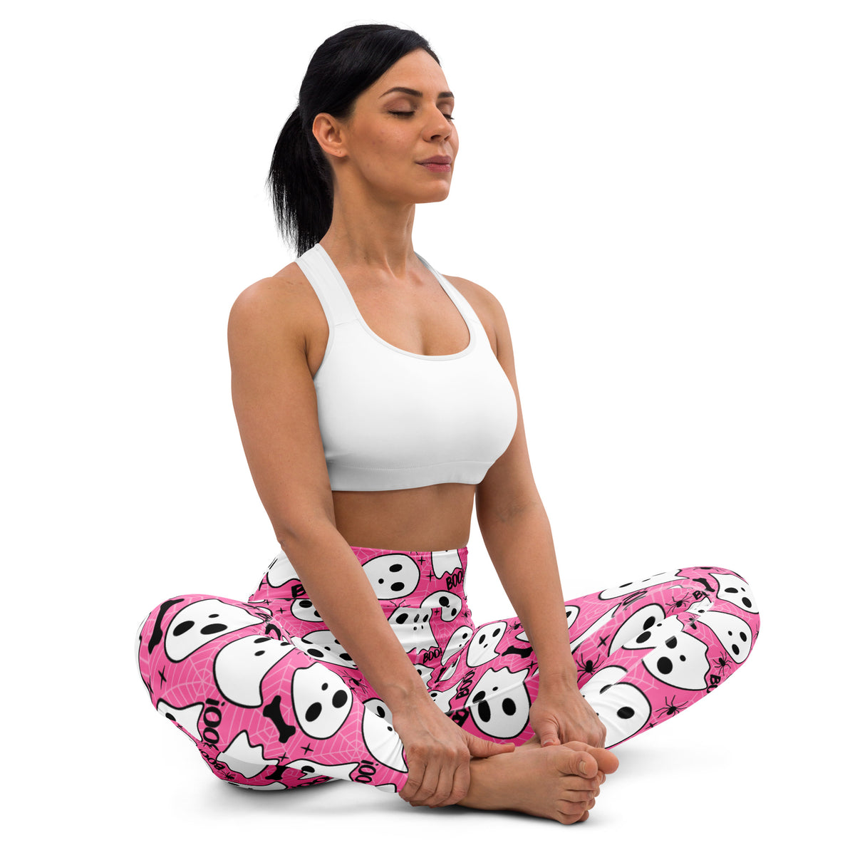 Women's Pink Ghost Halloween Themed Buttery Soft Yoga Leggings - Quick Drying, High Waisted Comfort