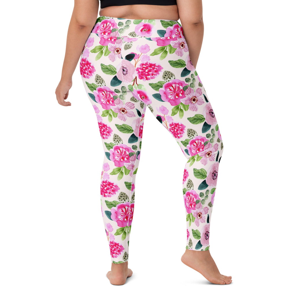 Women's Pink Watercolor Floral Buttery Soft Yoga Leggings - Quick Drying, High Waisted Comfort