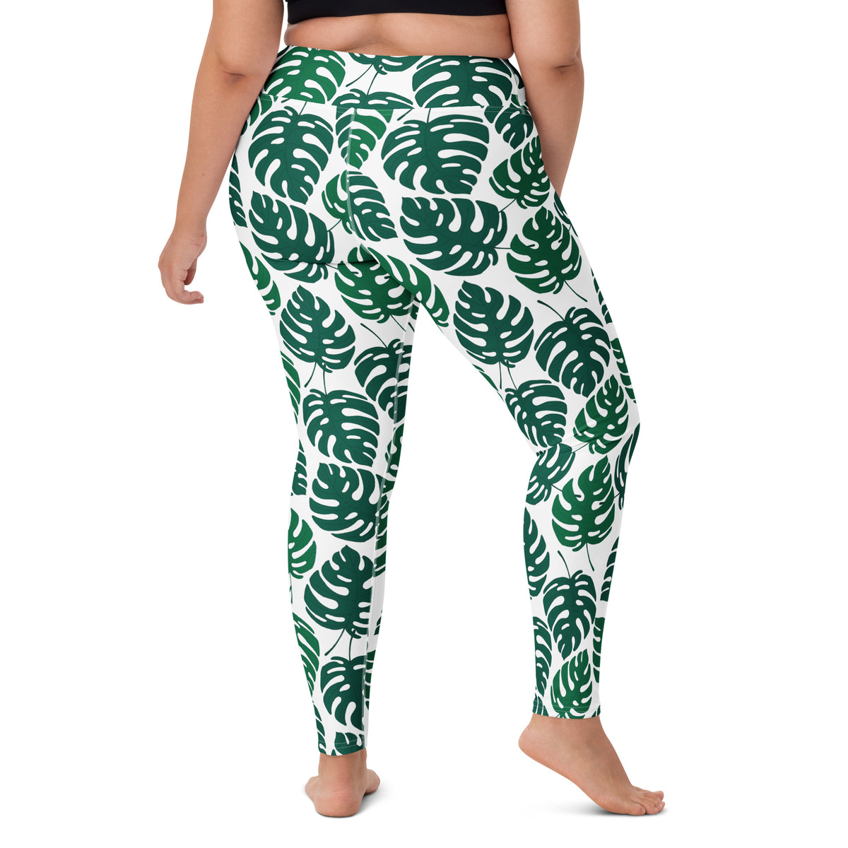 Women's Green Monstera Leaf Buttery Soft Yoga Leggings - Quick Drying, High Waisted Comfort