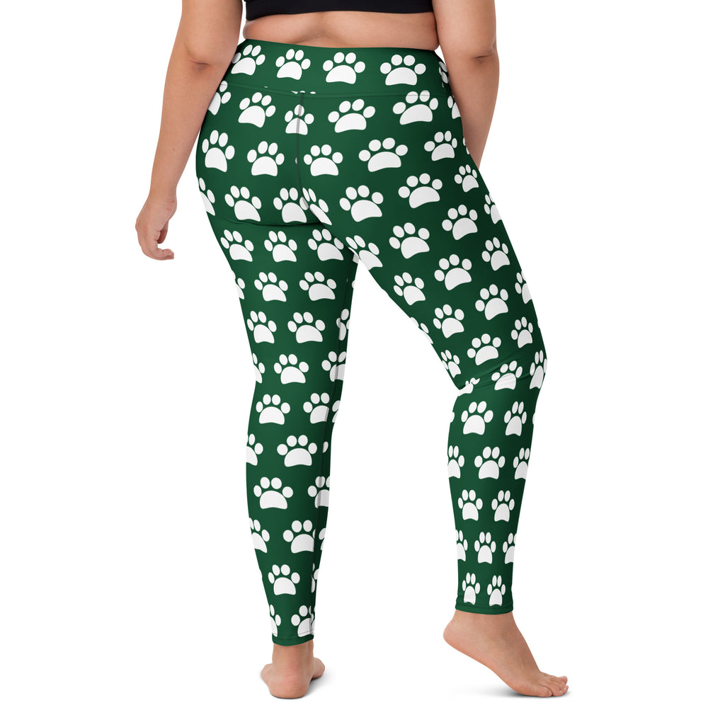 Women's Forest Green Paw Print Buttery Soft Yoga Leggings - Quick Drying, High Waisted Comfort