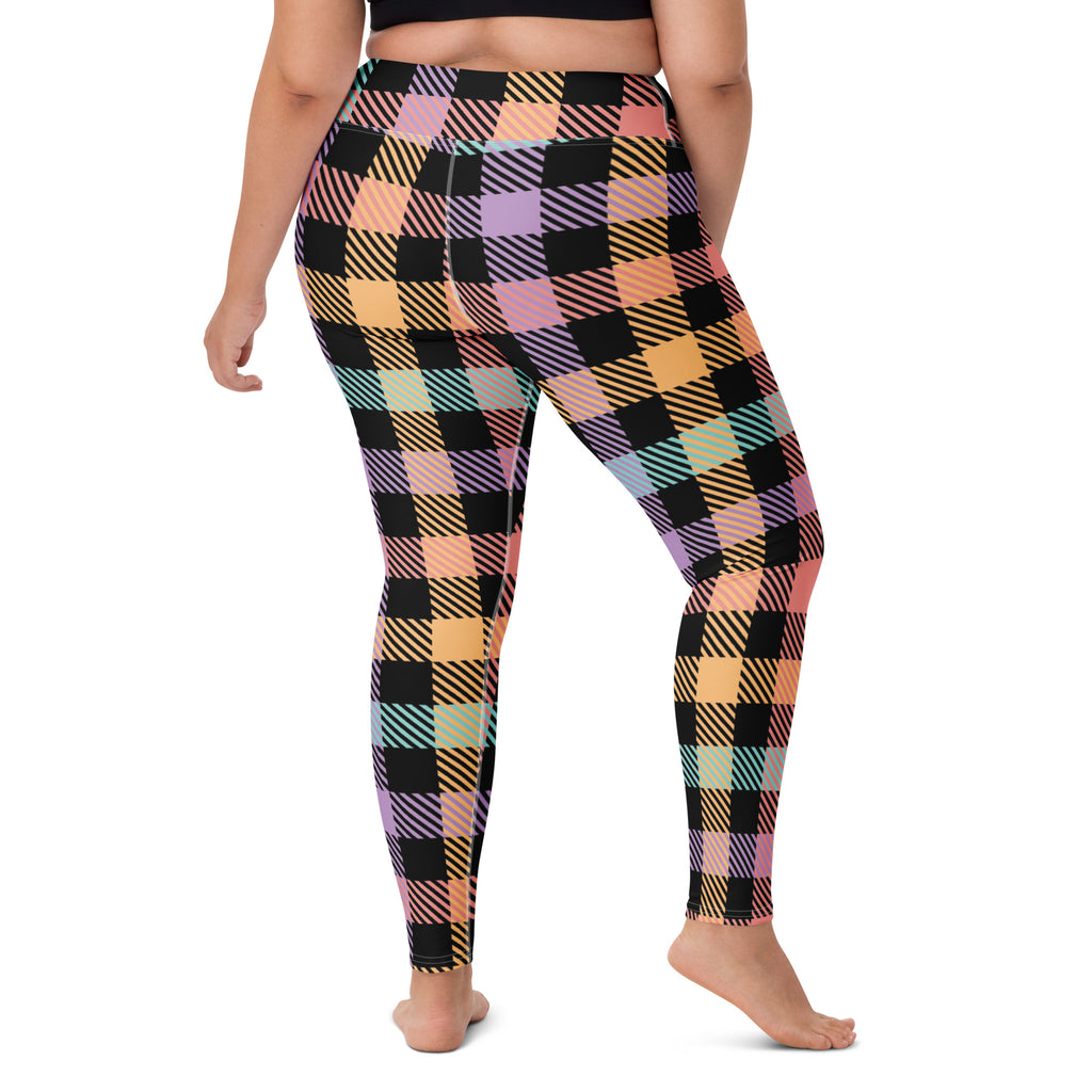 Women's Colorful Black Pastel Plaid Buttery Soft Yoga Leggings - Quick Drying, High Waisted Comfort