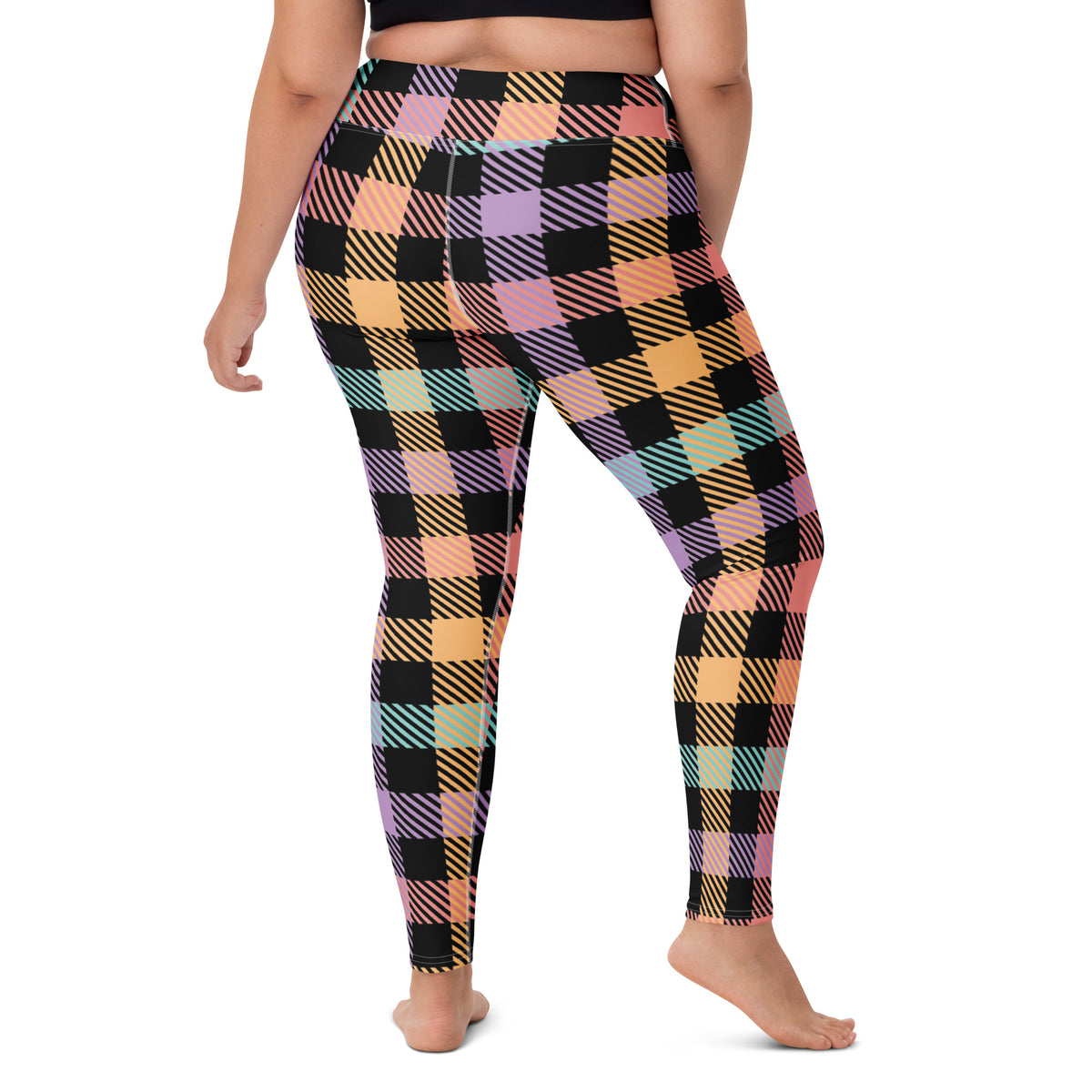 Women's Colorful Black Pastel Plaid Buttery Soft Yoga Leggings - Quick Drying, High Waisted Comfort