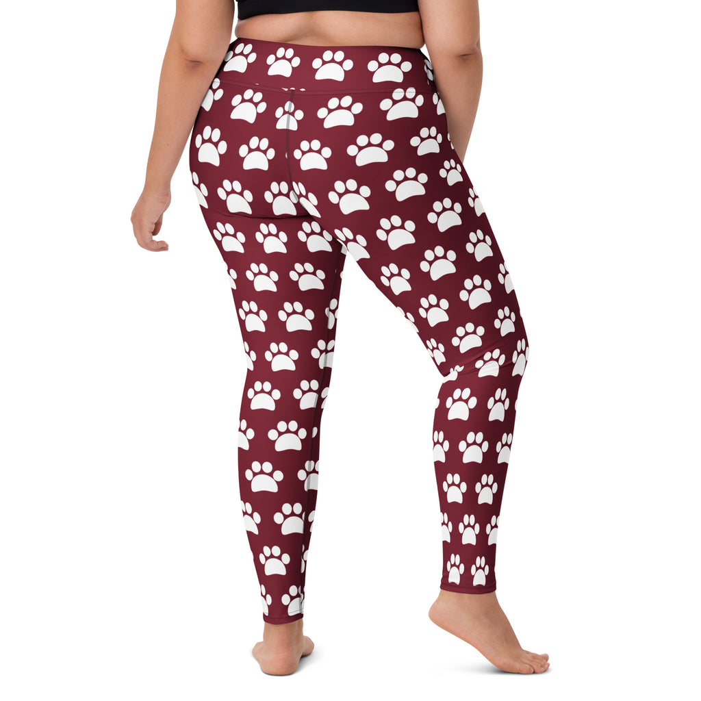 Women's Burgundy Paw Print Buttery Soft Yoga Leggings - Quick Drying, High Waisted Comfort