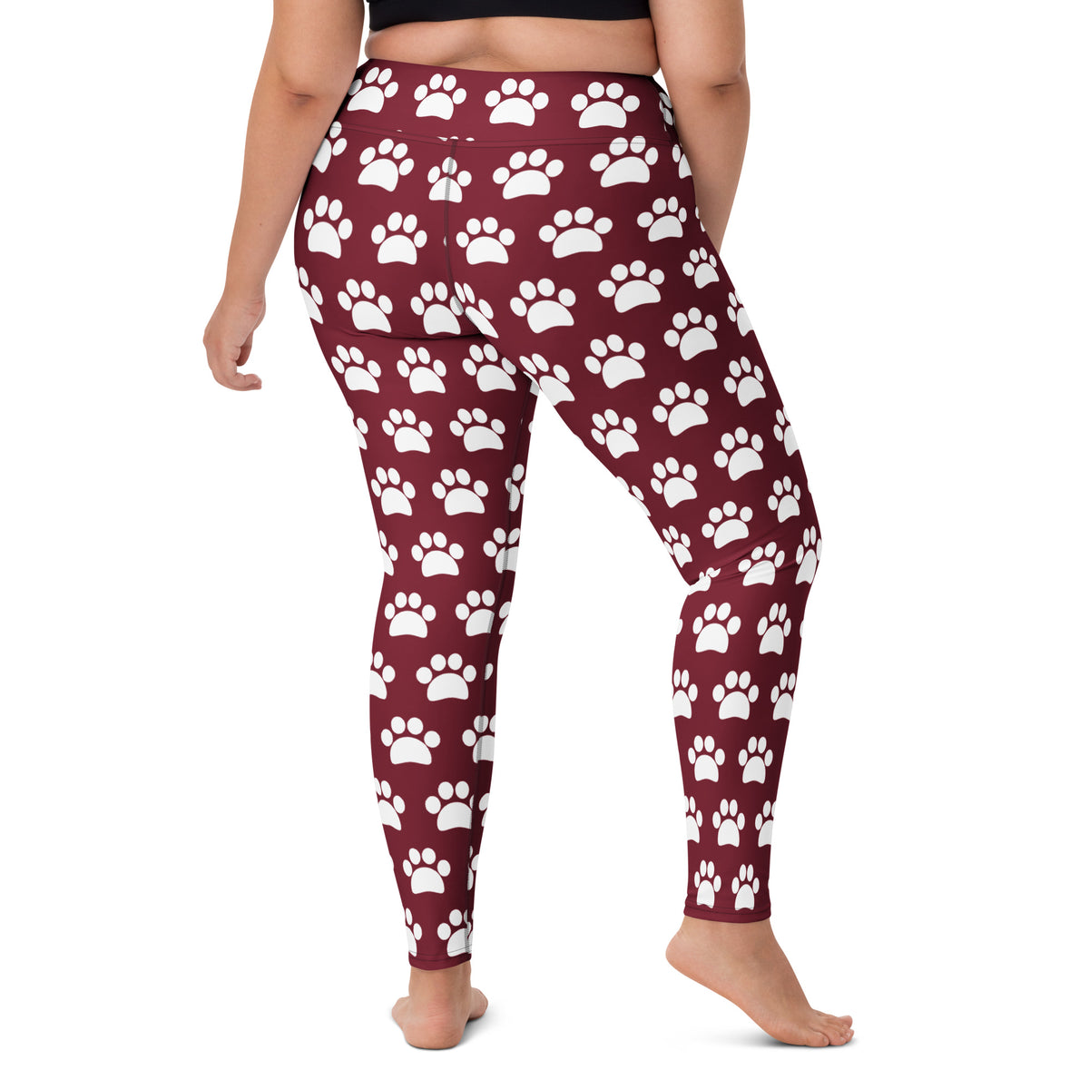 Women's Burgundy Paw Print Buttery Soft Yoga Leggings - Quick Drying, High Waisted Comfort