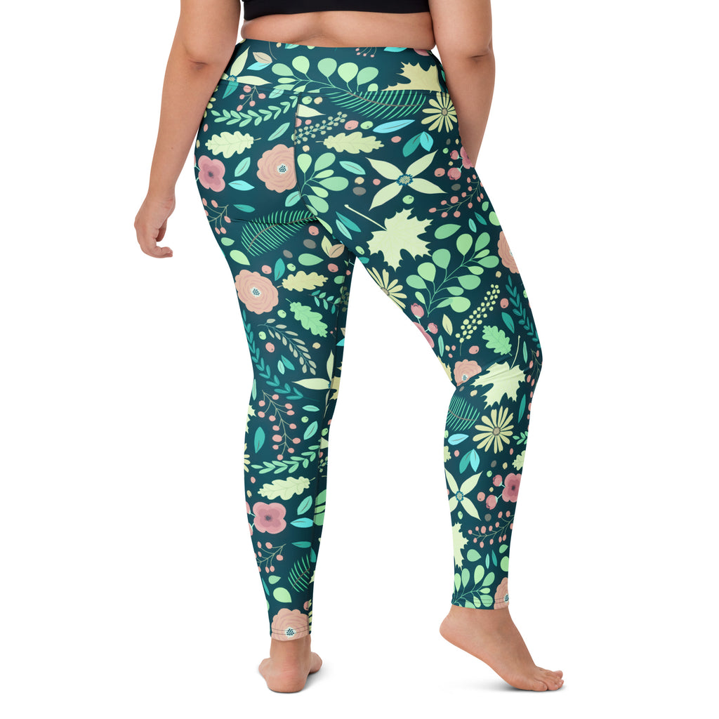 Women's Dark Green Floral Buttery Soft Yoga Leggings - Quick Drying, High Waisted Comfort