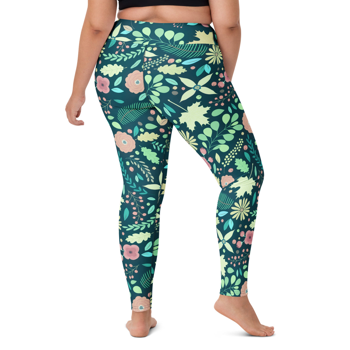 Women's Dark Green Floral Buttery Soft Yoga Leggings - Quick Drying, High Waisted Comfort
