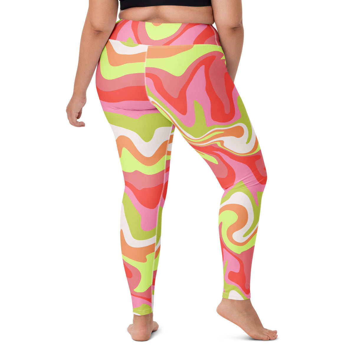 Women's Pink Green Retro Swirl Buttery Soft Yoga Leggings - Quick Drying, High Waisted Comfort