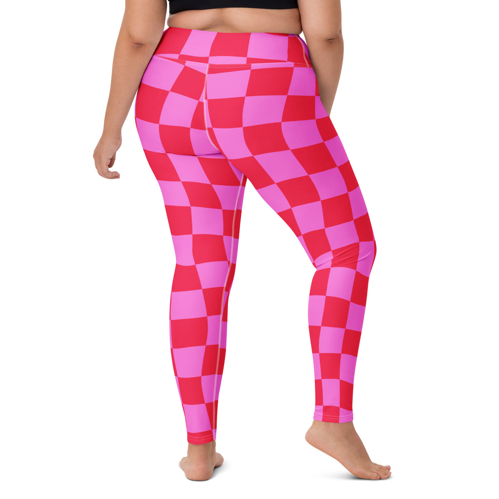 Women's Hot Pink Wavy Checkered Buttery Soft Yoga Leggings - Quick Drying, High Waisted Comfort