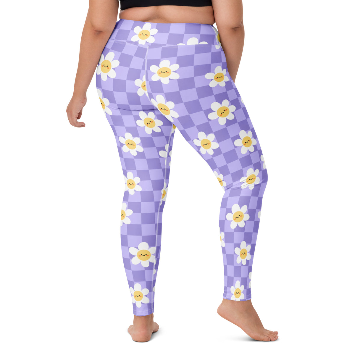 Women's Purple Daisy Checkered Buttery Soft Yoga Leggings - Quick Drying, High Waisted Comfort