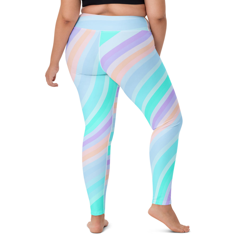 Women's Pastel Blue Rainbow Striped Buttery Soft Yoga Leggings - Quick Drying, High Waisted Comfort
