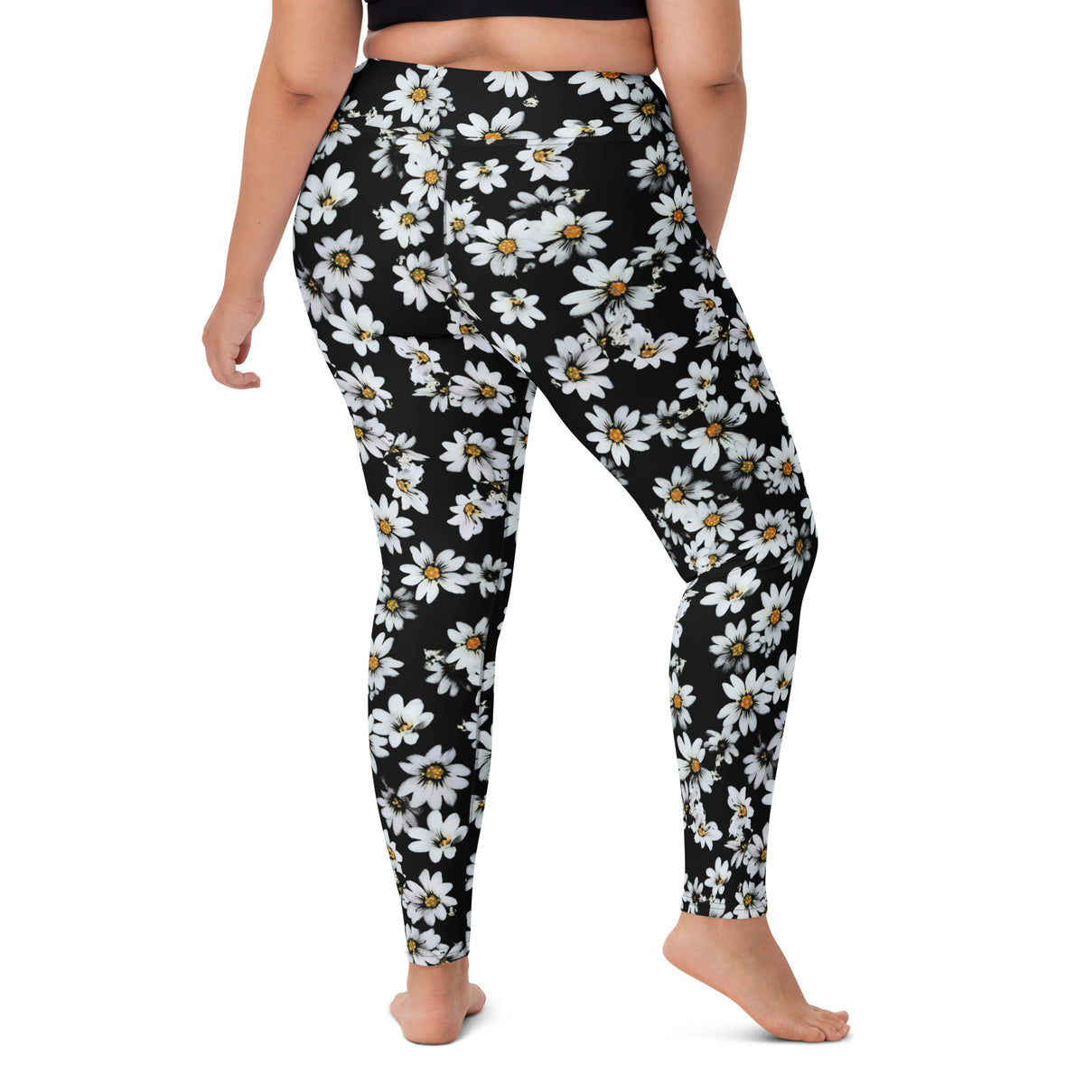Women's Black Daisy Floral Buttery Soft Yoga Leggings - Quick Drying, High Waisted Comfort