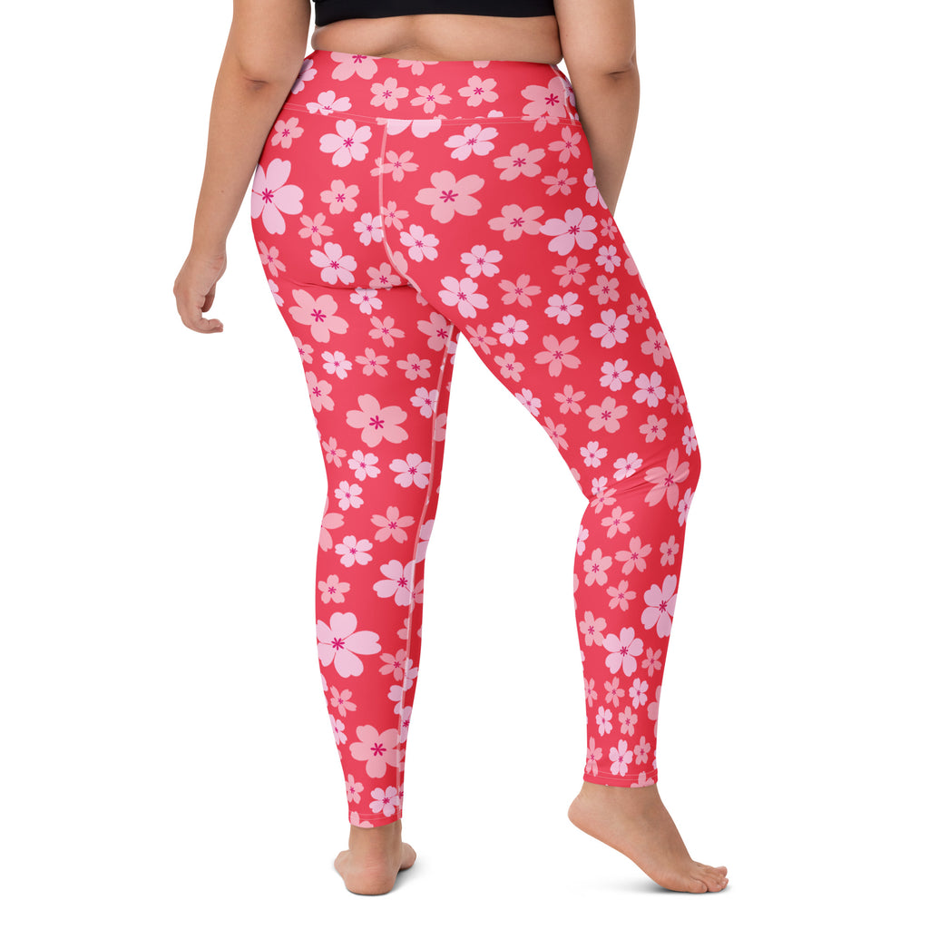 Women's Bright Pink Cherry Blossom Buttery Soft Yoga Leggings - Quick Drying, High Waisted Comfort