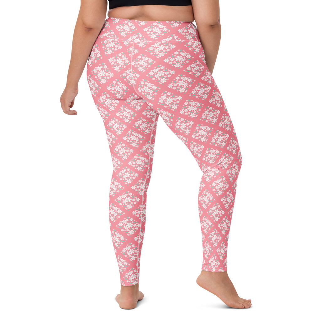 Women's Pink Floral Diamond Buttery Soft Yoga Leggings - Quick Drying, High Waisted Comfort