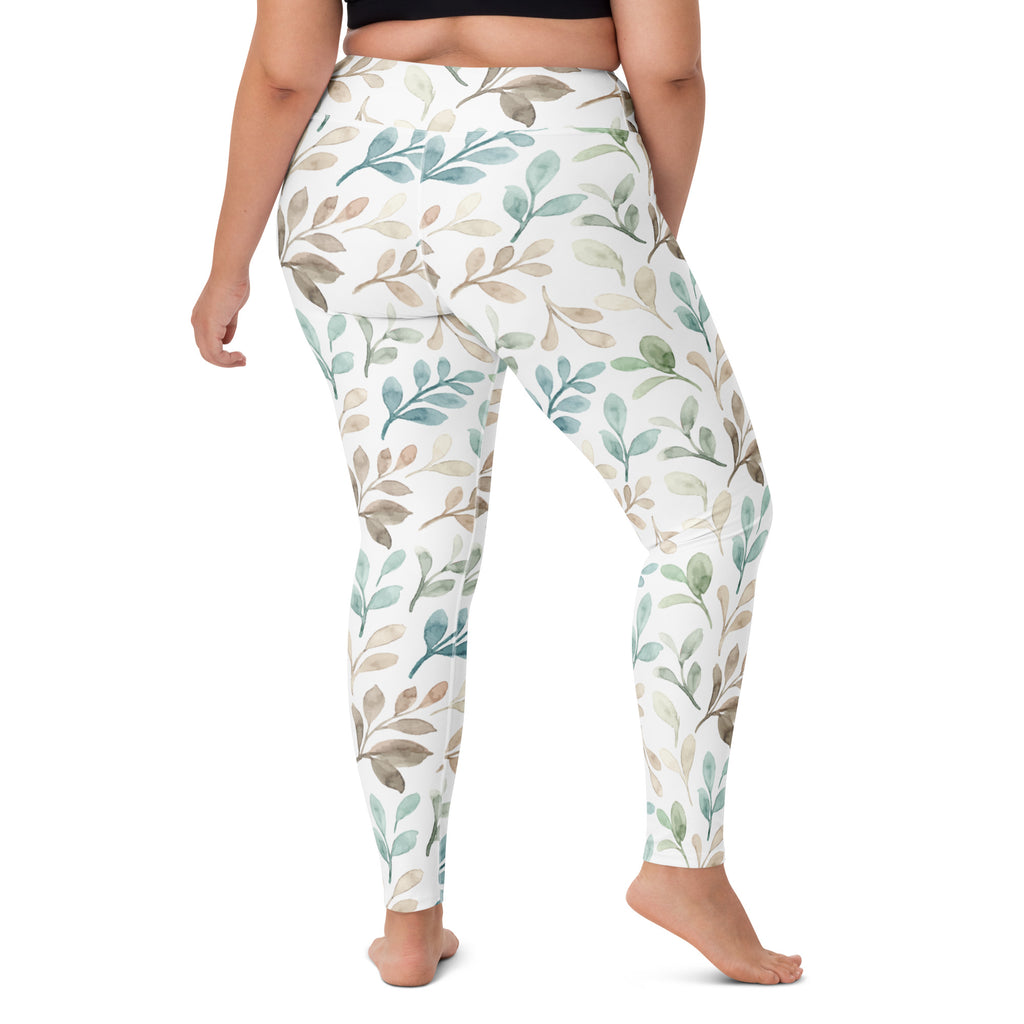 Women's Watercolor Leaf Buttery Soft Yoga Leggings - Quick Drying, High Waisted Comfort