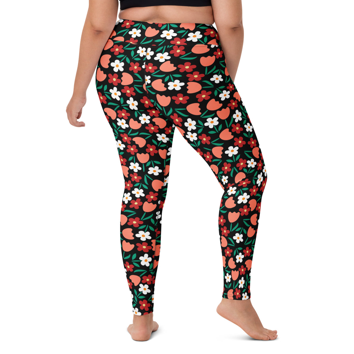 Women's Coral Red Floral Buttery Soft Yoga Leggings - Quick Drying, High Waisted Comfort