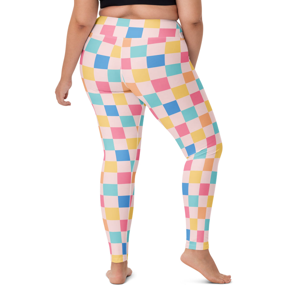 Women's Colorful Pastel Checkered Buttery Soft Yoga Leggings - Quick Drying, High Waisted Comfort