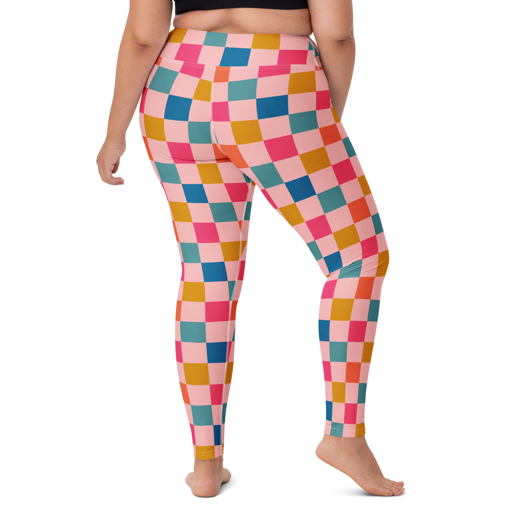 Women's Colorful Pink Checkered Buttery Soft Yoga Leggings - Quick Drying, High Waisted Comfort