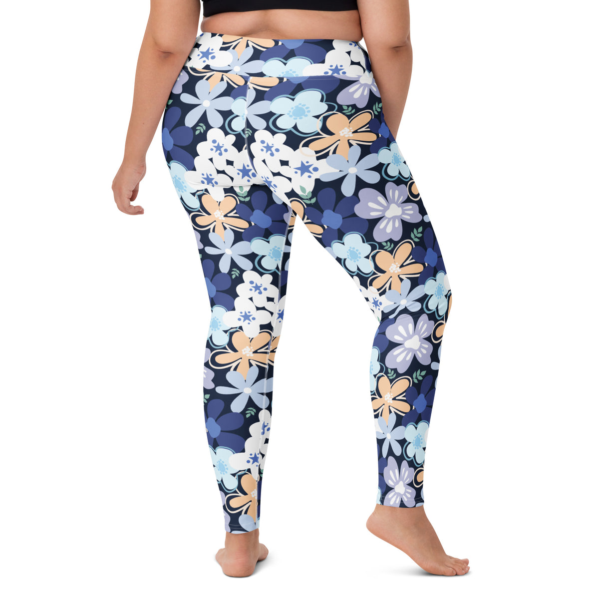 Women's Navy Blue Flowers Buttery Soft Yoga Leggings - Quick Drying, High Waisted Comfort