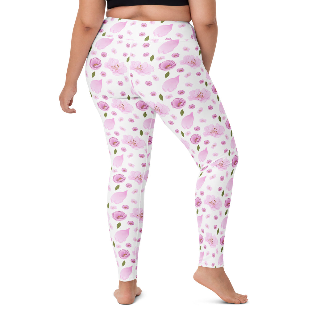 Women's Pink Watercolor Floral Buttery Soft Yoga Leggings - Quick Drying, High Waisted Comfort