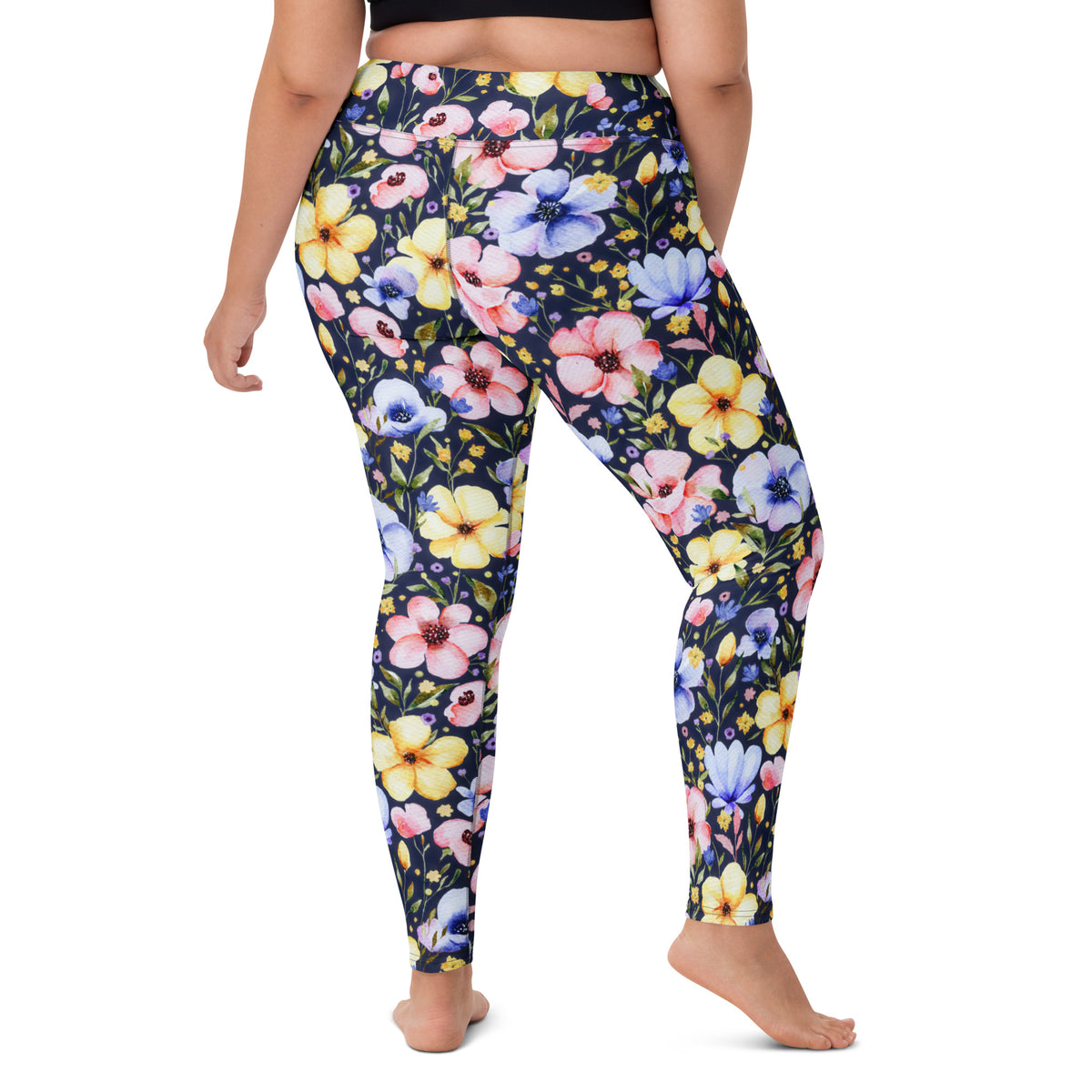 Women's Navy Watercolor Floral Buttery Soft Yoga Leggings - Quick Drying, High Waisted Comfort