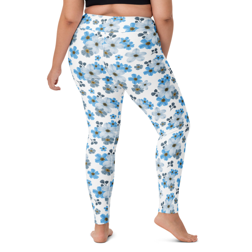 Women's Watercolor Blue Floral Buttery Soft Yoga Leggings - Quick Drying, High Waisted Comfort