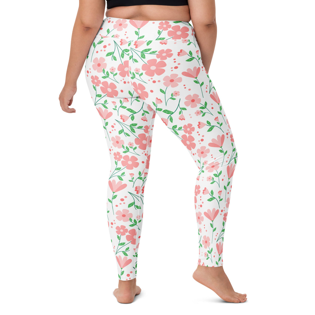 Women's Pink Flowers Buttery Soft Yoga Leggings - Quick Drying, High Waisted Comfort