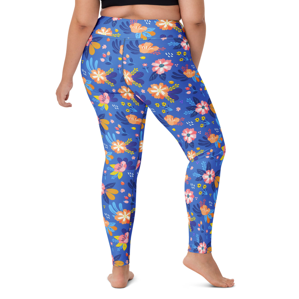 Women's Colorful Blue Floral Buttery Soft Yoga Leggings - Quick Drying, High Waisted Comfort