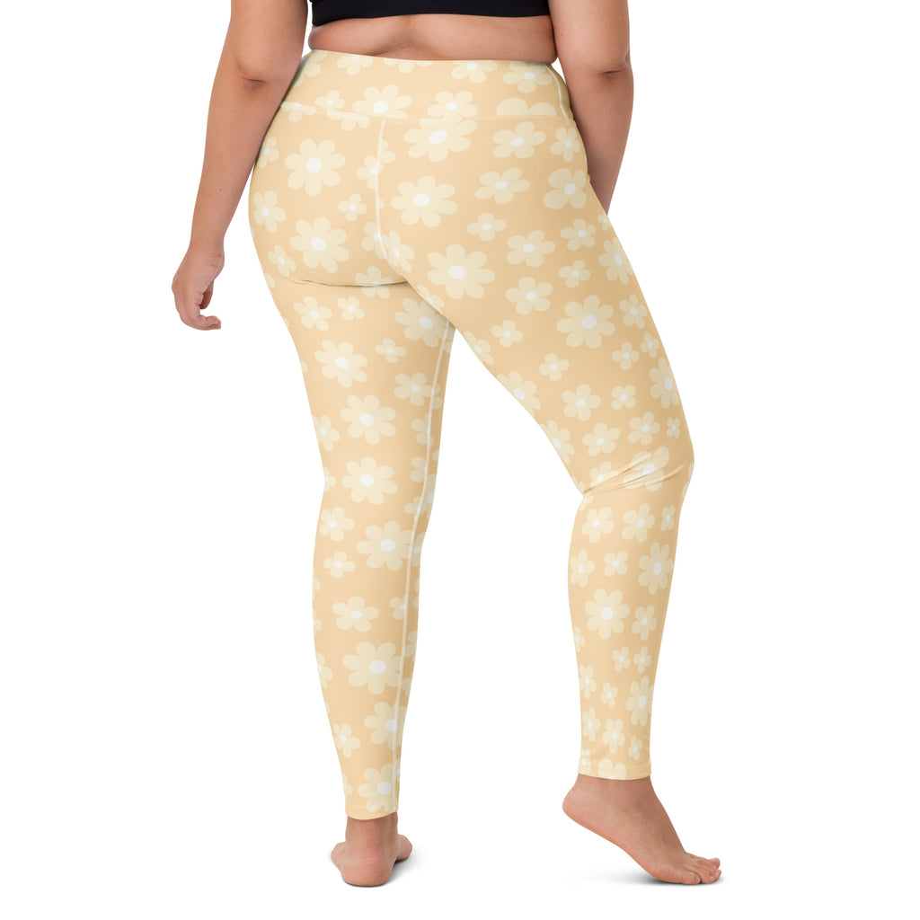 Women's Beige Daisy Buttery Soft Yoga Leggings - Quick Drying, High Waisted Comfort
