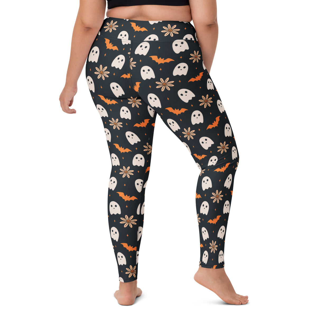 Women's Orange Floral Ghost Halloween Buttery Soft Yoga Leggings - Quick Drying, High Waisted Comfort