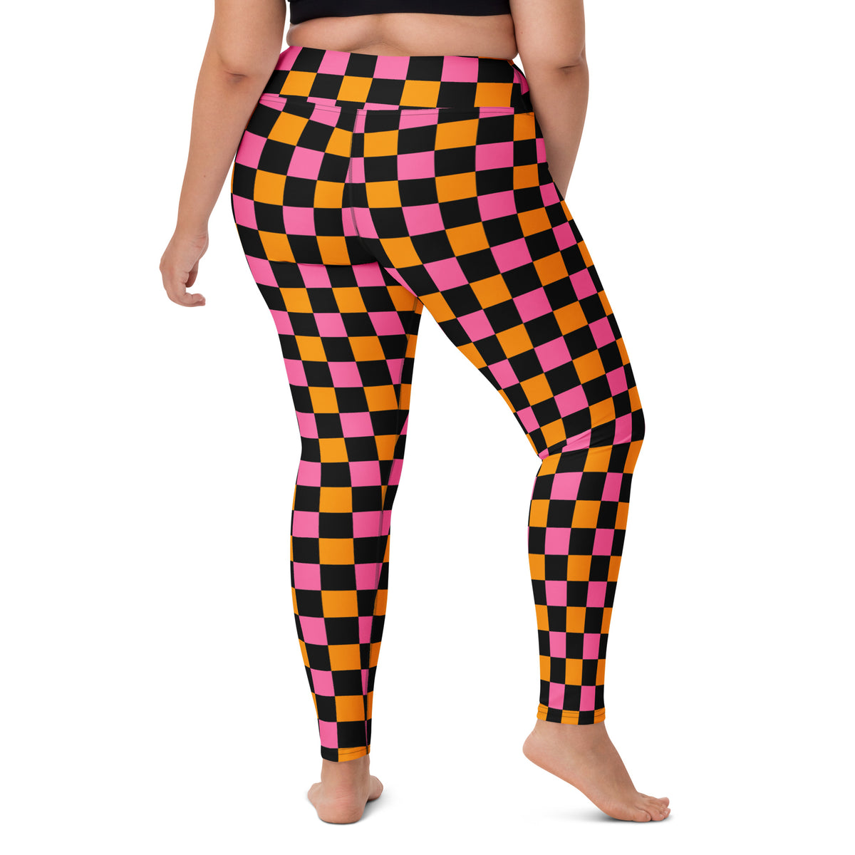 Women's Pink Orange Black Checkered Halloween Buttery Soft Yoga Leggings - Quick Drying, High Waisted Comfort
