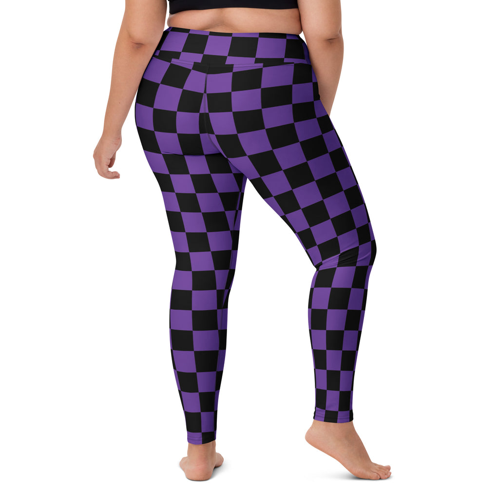 Women's Purple & Black Checkered Halloween Buttery Soft Yoga Leggings - Quick Drying, High Waisted Comfort