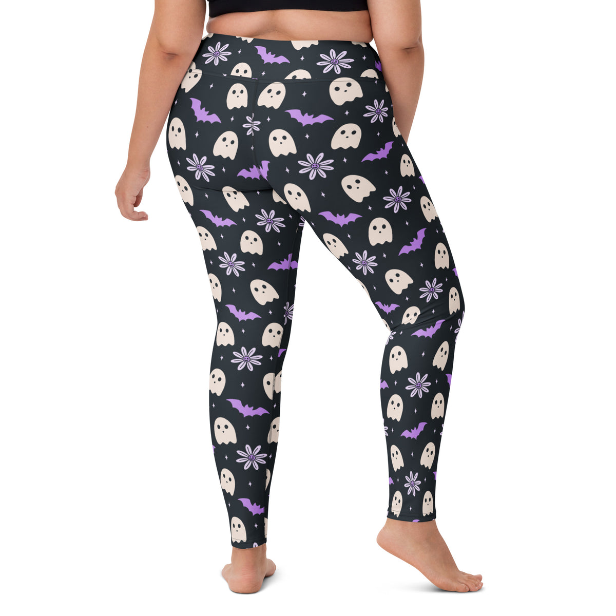 Women's Purple Floral Ghost Halloween Buttery Soft Yoga Leggings - Quick Drying, High Waisted Comfort