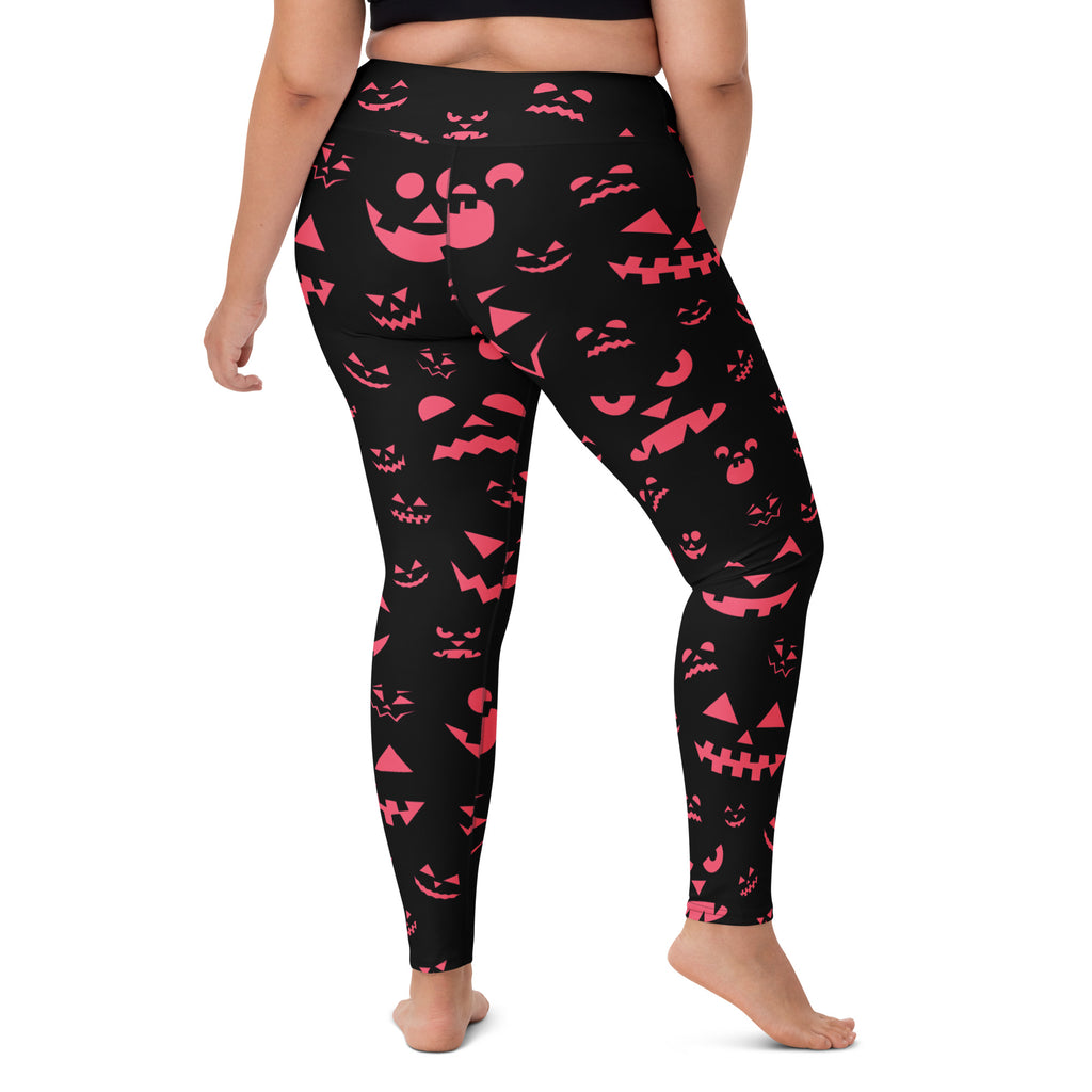 Women's Pink Jack-O'-Lantern Faces Halloween Buttery Soft Yoga Leggings - Quick Drying, High Waisted Comfort