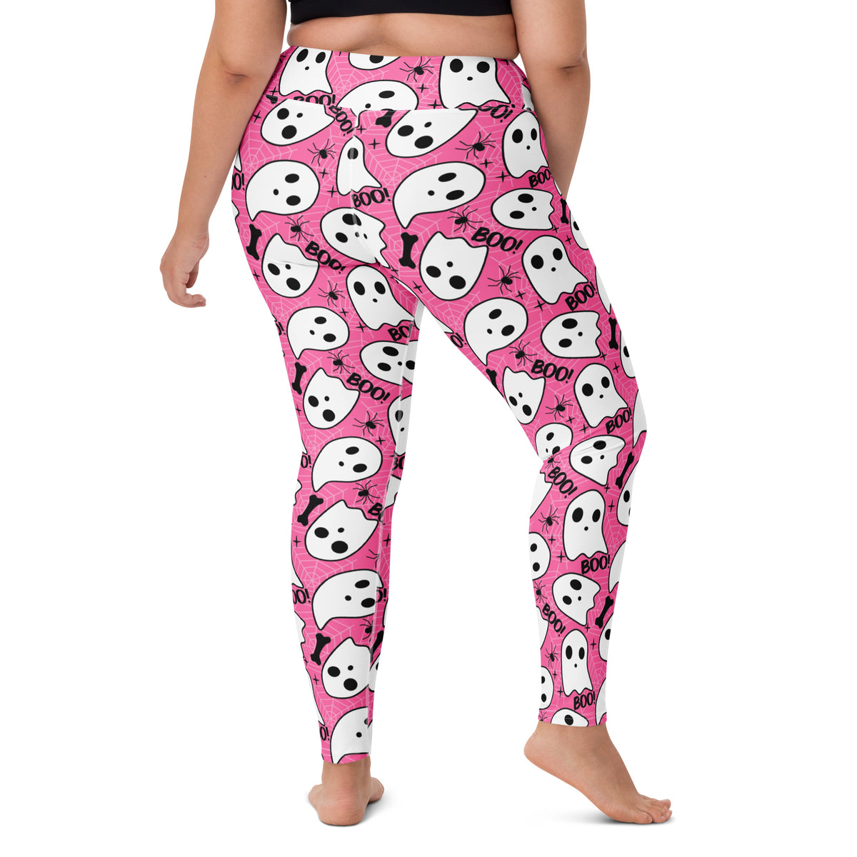 Women's Pink Ghost Halloween Themed Buttery Soft Yoga Leggings - Quick Drying, High Waisted Comfort