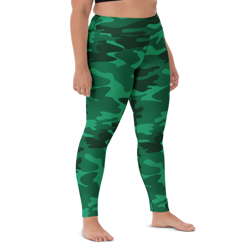Women's Green Camouflage Buttery Soft Yoga Leggings - Quick Drying, High Waisted Comfort