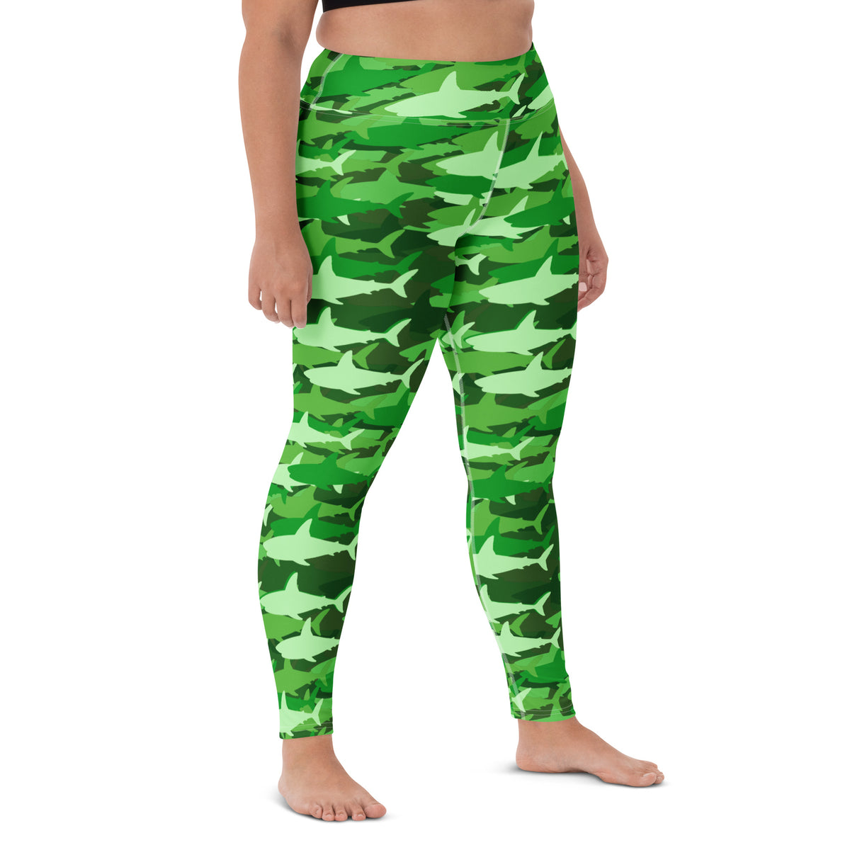 Women's Green Shark Camouflage Buttery Soft Yoga Leggings - Quick Drying, High Waisted Comfort