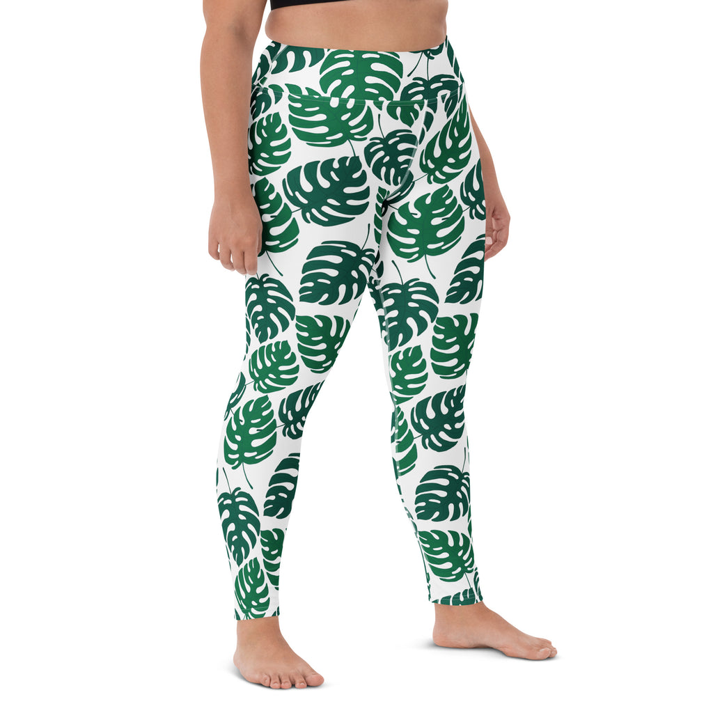 Women's Green Monstera Leaf Buttery Soft Yoga Leggings - Quick Drying, High Waisted Comfort