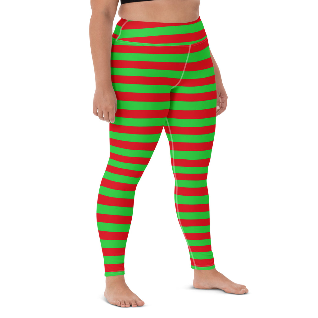 Women's Red & Green Striped Christmas Buttery Soft Yoga Leggings - Quick Drying, High Waisted Comfort