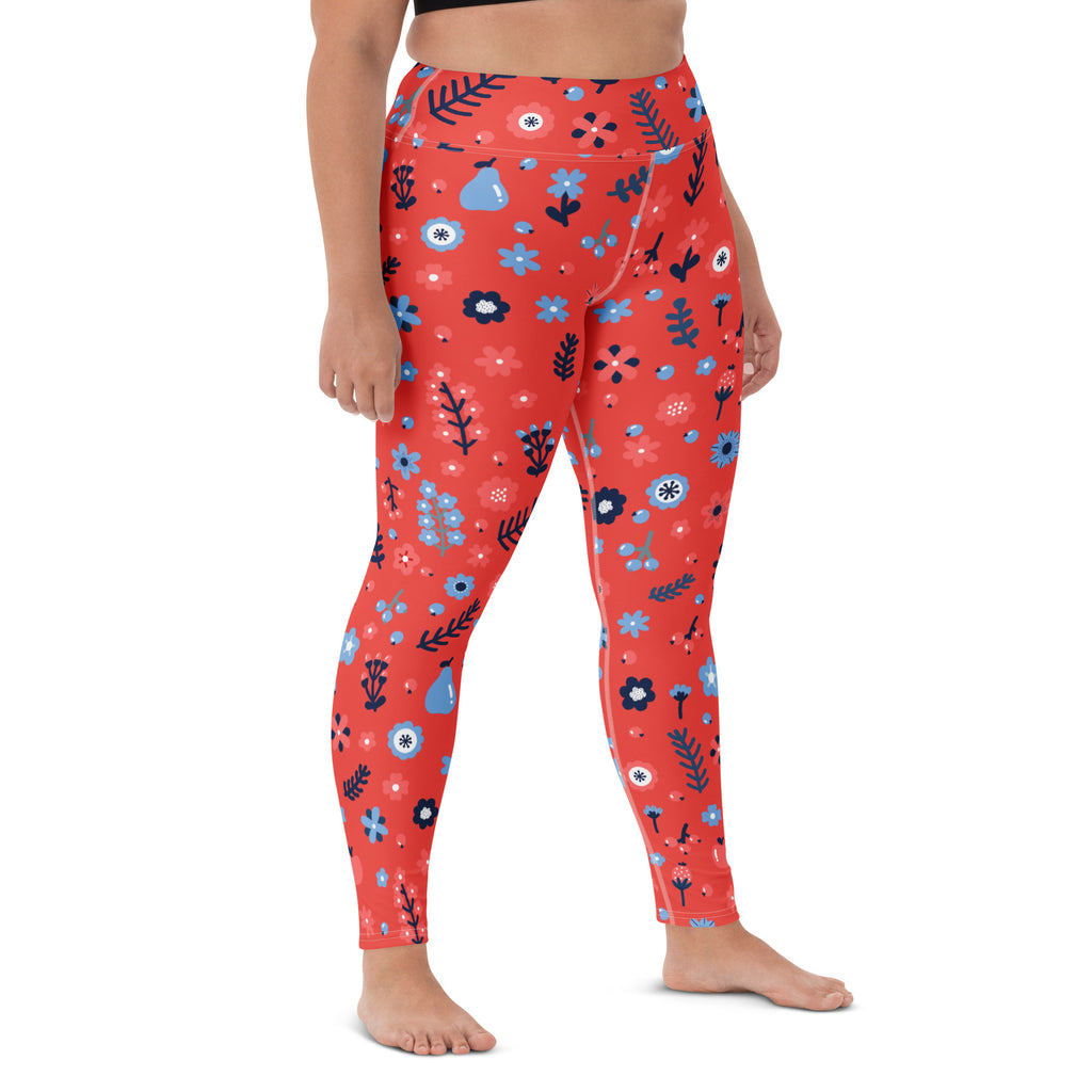 Women's Red Floral Buttery Soft Yoga Leggings - Quick Drying, High Waisted Comfort